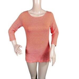 Threedots T Shirt Woman's Small Orange White‎ Casual Stretchy Striped Momcore
